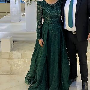 Emerald Green Beaded Evening Gown with Sleeves and Overskirt